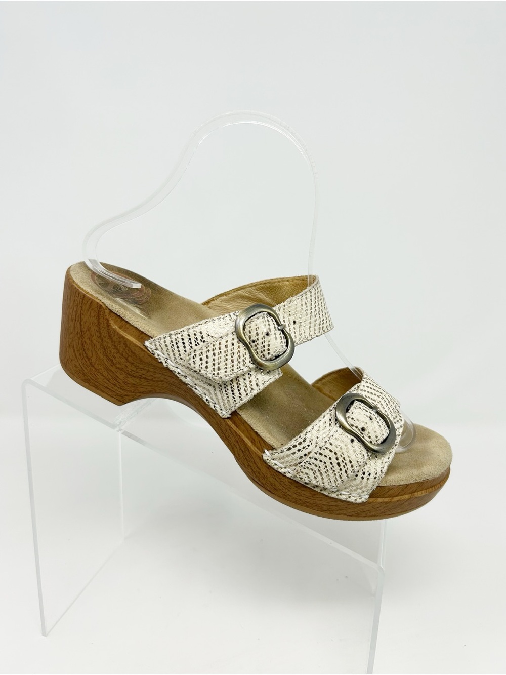 Dansko Sophie Ivory Snakeskin Buckle Wedge Mule Sandals Size 38 (US 7.5-8)